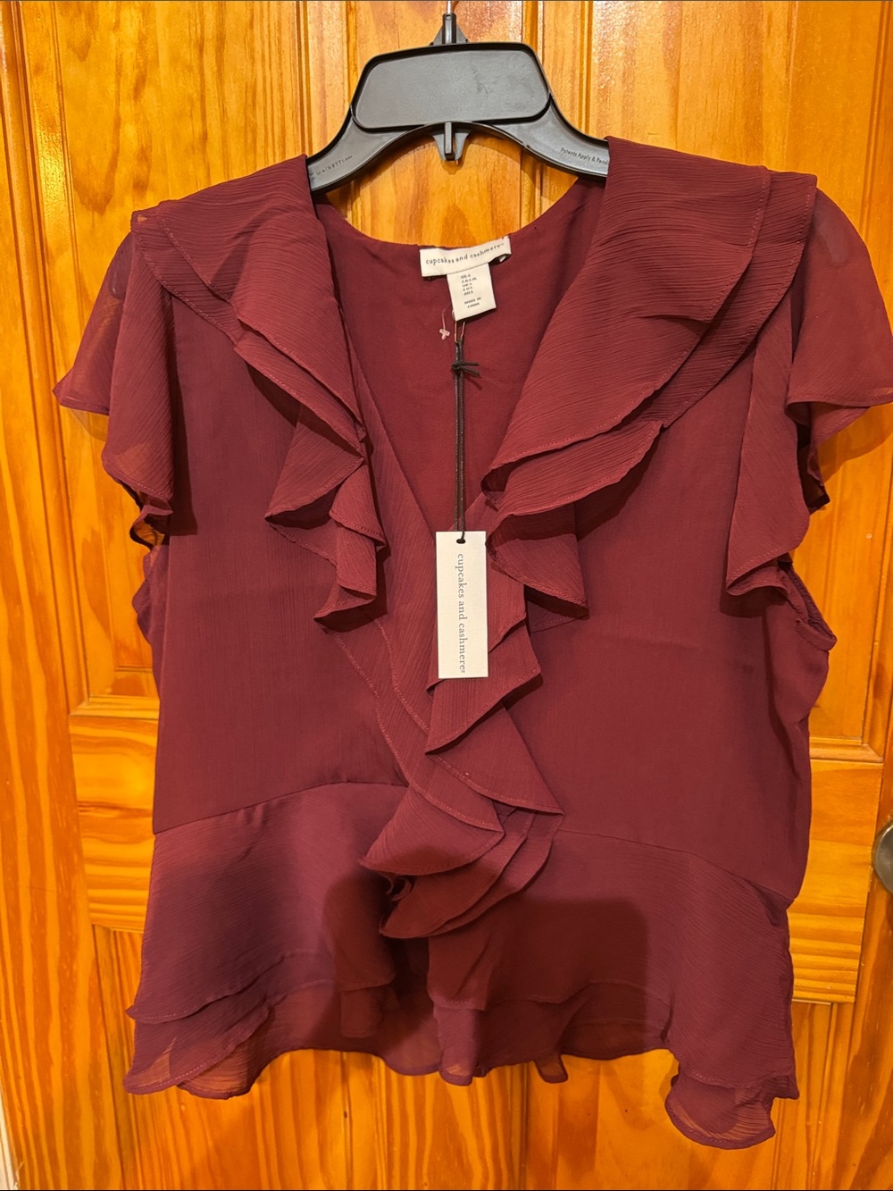 cupcakes & cashmere Wine Ruffle V-Neck Blouse